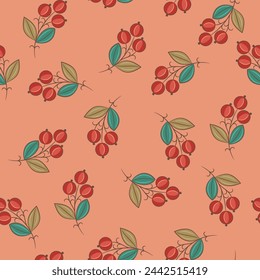 Seamless floral pattern with blooming branches. Red ripe fruits or berries on pink background. Folk style.