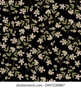 Patrón floral sin costuras con ramas florecientes. Hojas verdes y flores blancas sobre fondo negro.