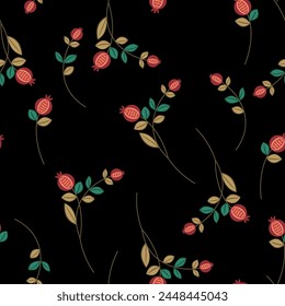 Seamless floral pattern with blooming branches. Boughs with ripe red ferries or fruits. On black background.