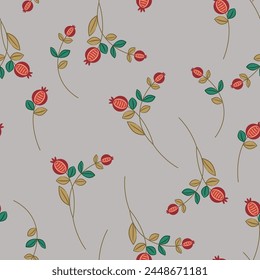 Seamless floral pattern with blooming branches. Boughs with ripe red ferries or fruits. On gray background.
