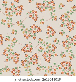 Seamless floral pattern with blooming branches. Folk style. Beautiful texture with ripe red berries and green leaves on white background.