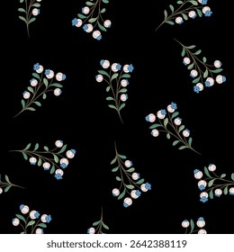 Seamless floral pattern with blooming branches. Vintage style. On black background.