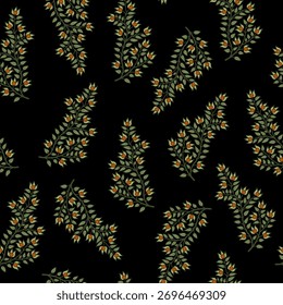 Patrón floral sin fisuras con ramas en flor. Estilo Folk. Sobre fondo negro.