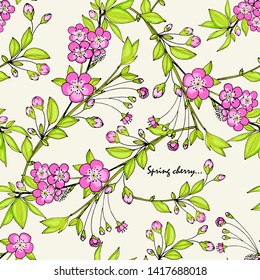 Seamless floral pattern. Blooming cherry branches with flowers and green leaves. Hand drawn sketch, doodle. Vector.