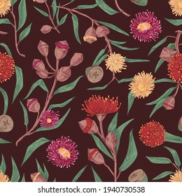 Seamless floral pattern with blooming eucalyptus flowers on dark background. Endless hand-drawn botanical texture. Realistic vector illustration of repeatable backdrop in retro style