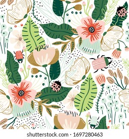 Seamless floral pattern. Blooming flower texture with different type of flowers, branches, bugs. Great for fabric, textile vector illustration.