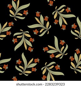 Patrón floral sin foco con ramas florales florecientes con hojas y flor. Estilo folk vintage. Sobre fondo negro.