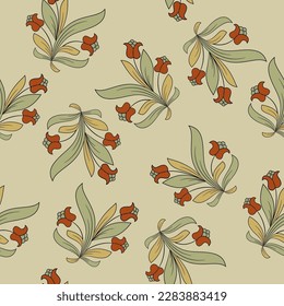 Patrón floral sin foco con ramas florales florecientes con hojas y flor. Estilo folk vintage. En el fondo claro.
