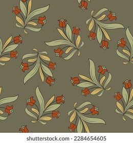 Seamless floral pattern with blooming flower branches with leaves and blossom. Vintage folk style. On gray background.