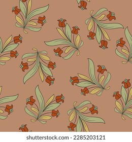 Patrón floral sin foco con ramas florales florecientes con hojas y flor. Estilo folk vintage. Sobre fondo malva rosa.