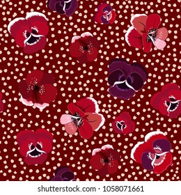 Seamless floral pattern with blooming flowers  on hand drawn polka dot background. Vector summer design.for fashion fabric and all prints on stylish maroon color