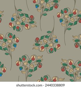 Seamless floral pattern with blooming flowers. Cute branches with leaves and fruits or berries. Folk style. On gray background.