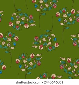 Seamless floral pattern with blooming flowers. Cute branches with leaves and fruits or berries. Folk style. On green background.
