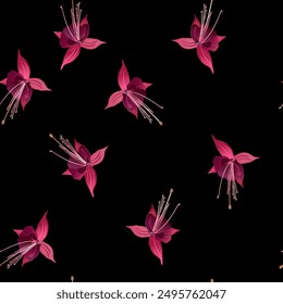 Seamless floral pattern with blooming flowers of purple fuchsia plant. On black background. 