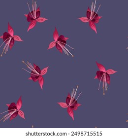 Seamless floral pattern with blooming flowers of purple fuchsia plant. On dull blue background. 
