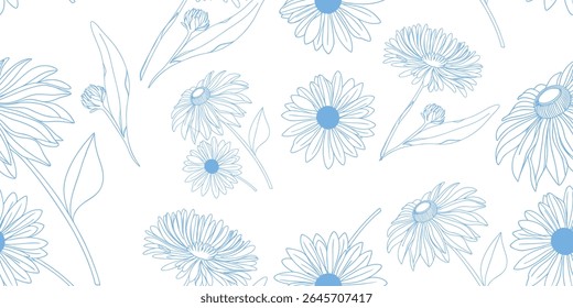Seamless floral pattern with blooming flowers and decorative leaves in a vintage spring style