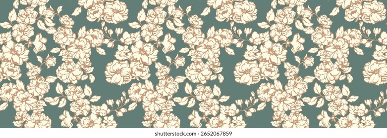 Patrón floral sin fisuras con flores y hojas en flor sobre un fondo verde. Ideal para tela, Fondo de pantalla, embalaje y diseño digital. Elegante y sofisticado diseño floral.