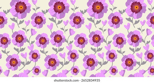 Seamless floral pattern with blooming flowers and decorative elements for spring and summer designs Hand drawn flowers, seamless patterns with floral for fabric, textiles, clothing, wrapping paper