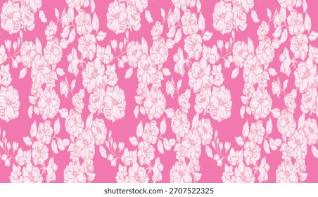 Padrão floral perfeito com flores florescentes e folhas em um fundo rosa brilhante. Ideal para tecido, papel de parede, embalagem e design digital. Design floral elegante e alegre.