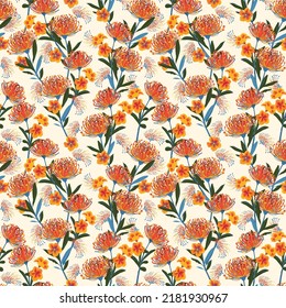 Seamless floral pattern blooming Garden flowers Botanical pattern scattered randomly. Seamless vector texture. Elegant template for fashion typography. Printed with hand drawn style 