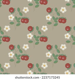 Seamless floral pattern with blooming green branches of strawberry plant with white flowers and ripe red berries. On gray background.