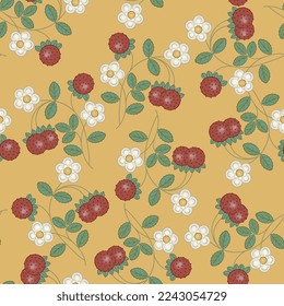 Seamless floral pattern with blooming green branches of strawberry plant with white flowers and ripe red berries. On yellow background.