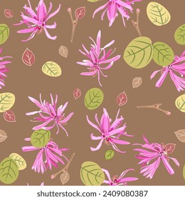 Seamless floral pattern with blooming of Loropetalum Chinense plant. Chinese fringe flower or strap flower. Pink blossom and green leaves on light brown background.