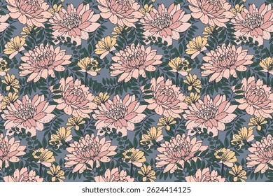 Seamless floral pattern. Blooming mixed with herbs, leaves and meadow plants  Nature ornament. Summer wildflowers print. Vector drawn illustration. for designs, fabric, textiles