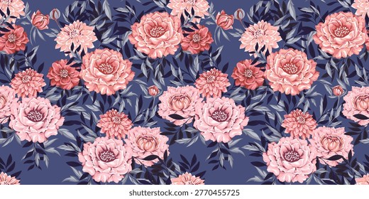 Seamless floral pattern with blooming peonies and leaves on dark blue background. Elegant, dense composition with soft pink tones, ideal for textiles, wallpaper, packaging and surface design