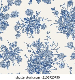 Seamless floral pattern with blooming spring bouquets of garden trees. Vintage background with delicate flowers. Blue.