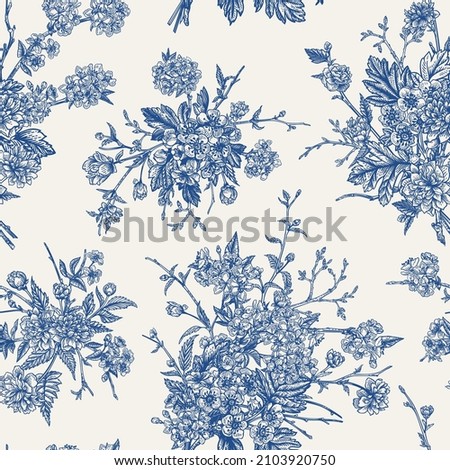 Seamless floral pattern with blooming spring bouquets of garden trees. Vintage background with delicate flowers. Blue.