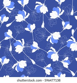 Seamless floral pattern, Blossom Apple flower hand drawn vector isolated on blue background, white sakura outline art texture for greeting card, package design cosmetic, wedding invitation, wallpaper