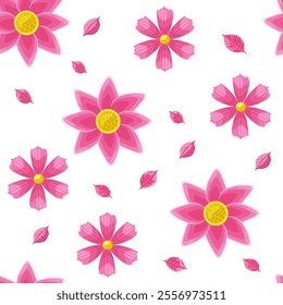 Seamless floral pattern. Blossom pink flowers and pink leaves on the white background. Botany pattern. Lotus and cosmos flowers.