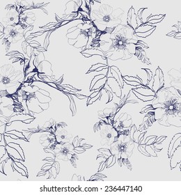 Seamless floral pattern with a blossoming branch of wild rose. Vector  Illustration