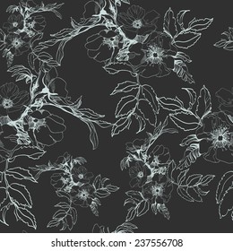 Seamless floral pattern with a blossoming branch of wild rose. Vector  Illustration
