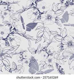 Seamless floral pattern with a blossoming branch of wild rose,  with butterflies. Vector  Illustration