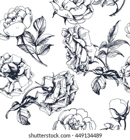 Seamless floral pattern with a blossoming branch of rose. Vector Illustration