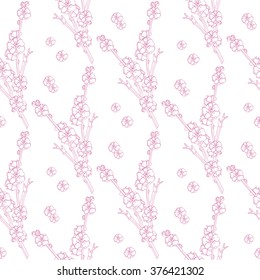 Seamless floral pattern with blossoming plum branch. Spring mood in pink, Spring Festival. Vector illustration.