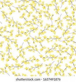 Seamless floral pattern with blossoming yellow flowers and green leaves branches Forsythia. 