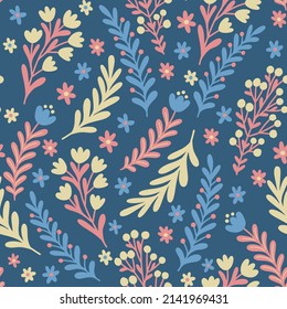 Seamless floral pattern with blossoms, sprigs and leaves on blue background.  Perfect for textile, wallpaper, wrapping. Vector botanical hand draw illustration.