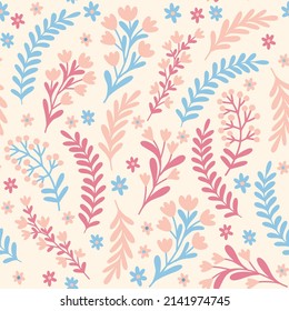 Patrón floral sin foco con flores, brotes y hojas sobre fondo rosado.  
Perfecto para textiles, papel pintado, envoltura. Dibujo de mano botánica vectorial 
ilustración.
