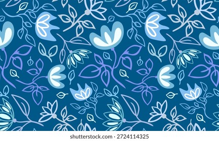 padrão floral sem costura com flores abstratas azuis no fundo azul escuro vetor botânico elegante para design têxtil