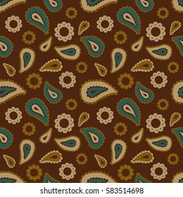 Seamless floral pattern with blue, beige and brown plants, flowers and leaves on brown background. Ethnic oriental print with cucumbers.