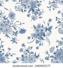 Seamless floral pattern in blue with bouquets of flowers. Vector botanical illustration.