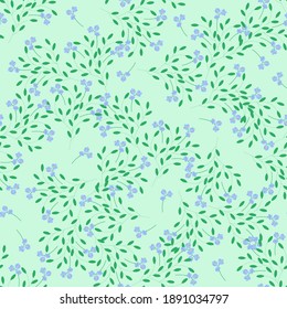 Seamless floral pattern. Blue branches of forget-me-not flowers on a green background. Trendy endless pattern for textile or designer decor. Vector image. Flat style.

