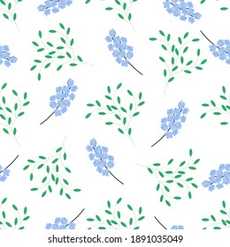 Nahtlose Blumenmuster. Blaue Zweige von vergessenen nicht blumen auf weißem Hintergrund. Trendloses Muster für die Gestaltung von Textilien oder Designern. Vektorbild. Flacher Stil.