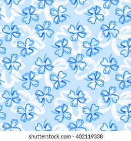 Seamless floral pattern of blue clovers contour on turquoise background.
