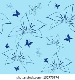 seamless floral pattern in blue colors with butterflies