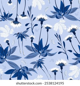 Seamless floral pattern. Blue cornflower, blue background, delicate wallpaper