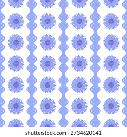 Seamless floral pattern with blue cornflowers arranged in vertical decorative stripes. Soft pastel vector background suitable for textiles, wallpaper, wrapping paper and surface design.